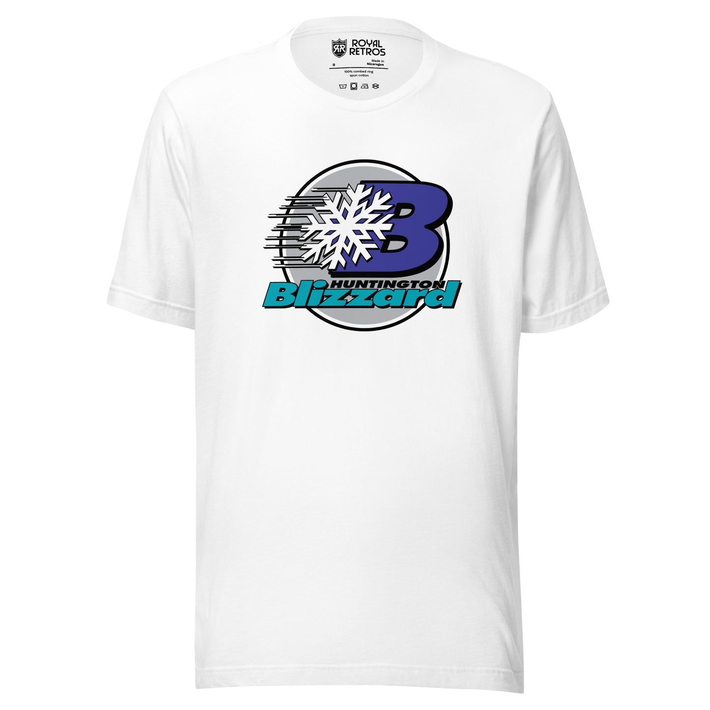 Huntington Blizzard hocket T-shirt. White. Black circle with white trim. Purple B slightly to the right with black swish marks going to the left. White snowflake on top in middle. HUNTINGTON in black to the lower right but still inside circle. BLIZZARD in aqua across the bottom, sticking out from the circle. Royal Retros