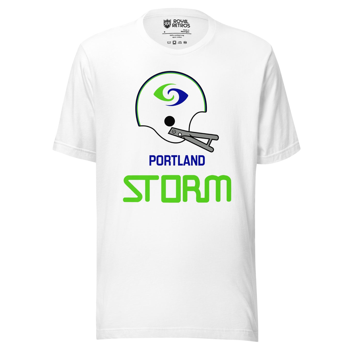 Portland Storm World Football League WFL T-shirt. White. White helmet with gray facemask. Green and blue storm symbol on helmet. PORTLAND small in white above STORM in green. Royal Retros
