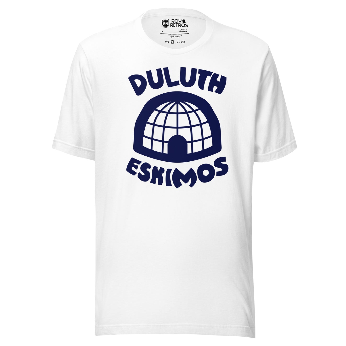 Duluth Eskimos NFL T-shirt. white. DULUTH in navy above white igloo on blue background. ESKIMOS in blue below. Royal Retros