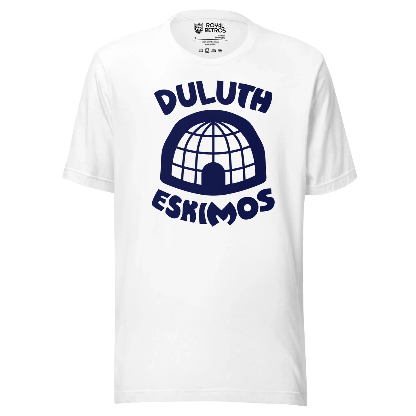 Duluth Eskimos NFL T-shirt. white. DULUTH in navy above white igloo on blue background. ESKIMOS in blue below. Royal Retros