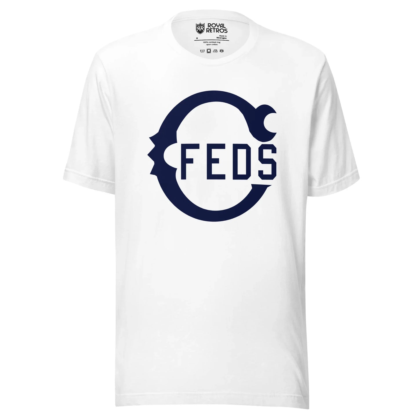 Chicago Feds baseball T-shirt. White. Large blue Script C with FEDS in side. Royal Retros