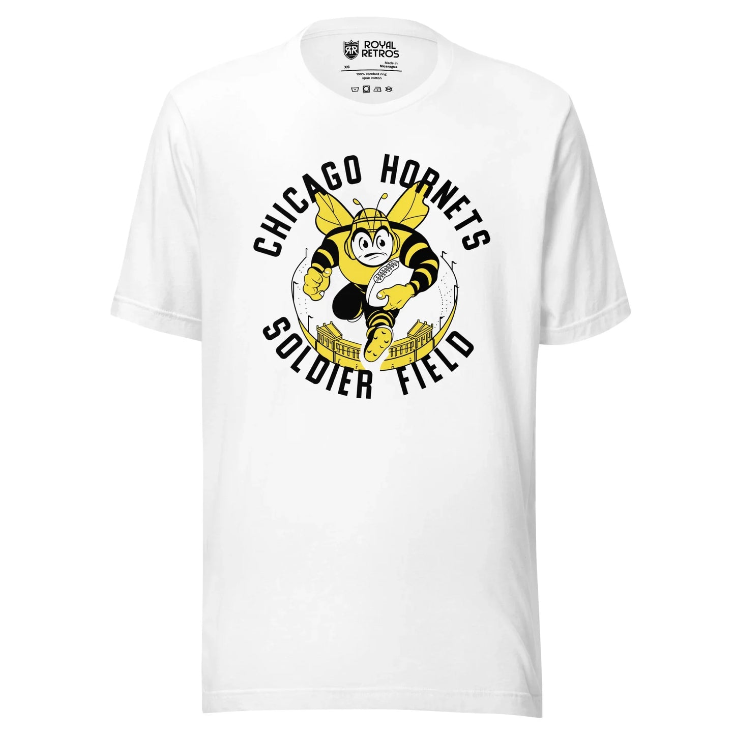 Chicago Hornets AAFC T-shirt. White. CHICAGO HORNETS arched in black over cartoon angry hornet rushing toward viewer with football, on top of yellow and black stadium. SOLDIER FIELD in black arched below. Royal Retros