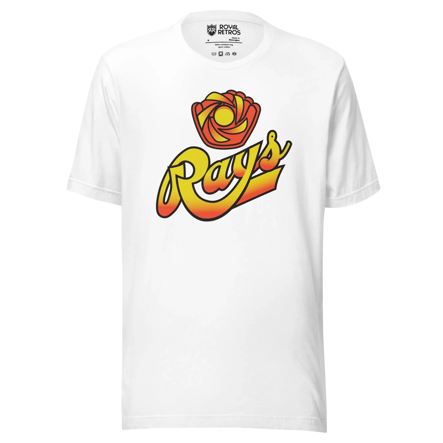 Sun City Rays baseball T-shirt. White. Stylized red, orange, and gold sun. Rays in script, yellow and orange with text tail. Royal Retros