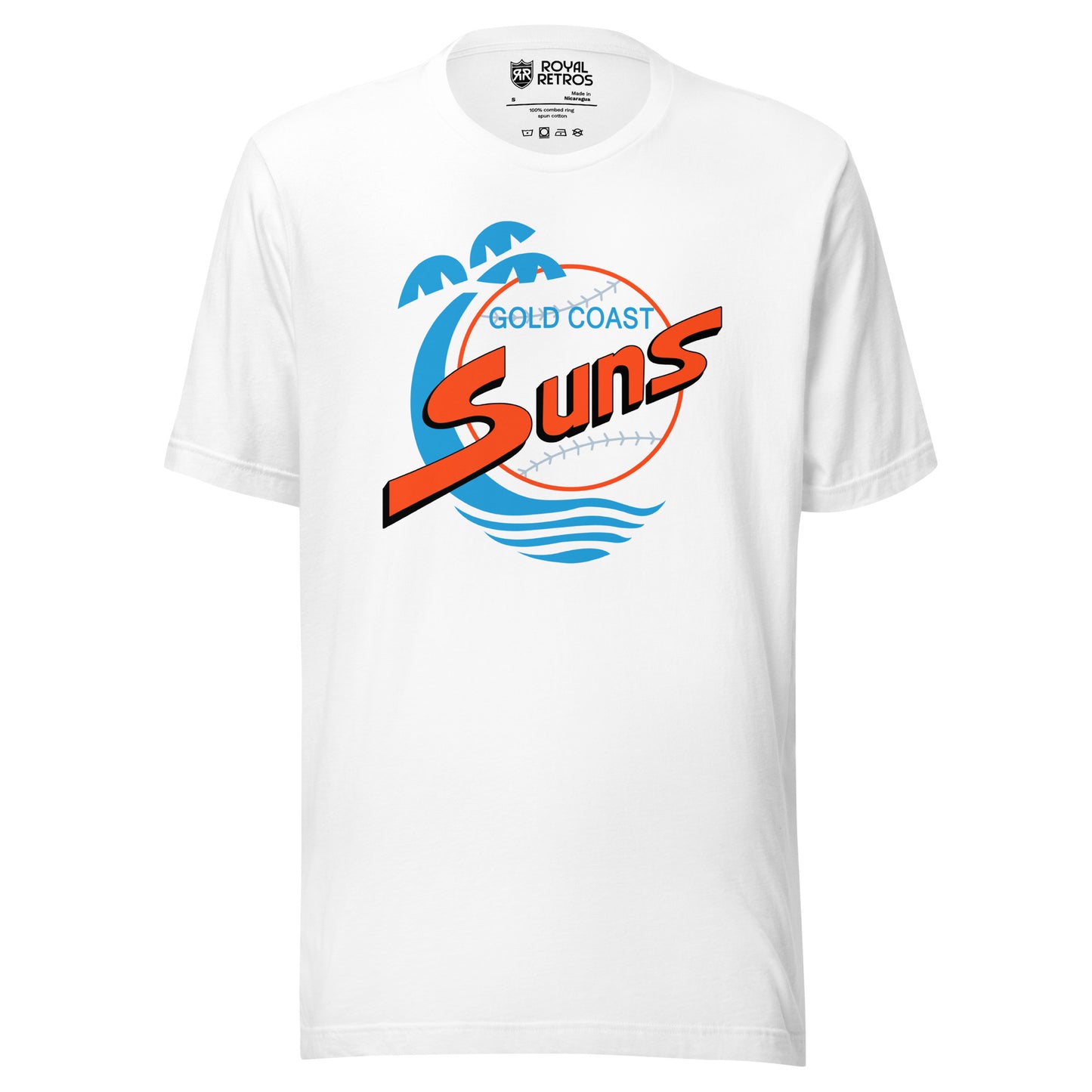 Gold Coast Suns baseball T-shirt. White. Stylized aqua palm tree curving to the right next to an orange circle with aqua baseball stitching. Gold Coast in aqua inside top of ball. Suns in orange, large across baseball. Royal Retros.