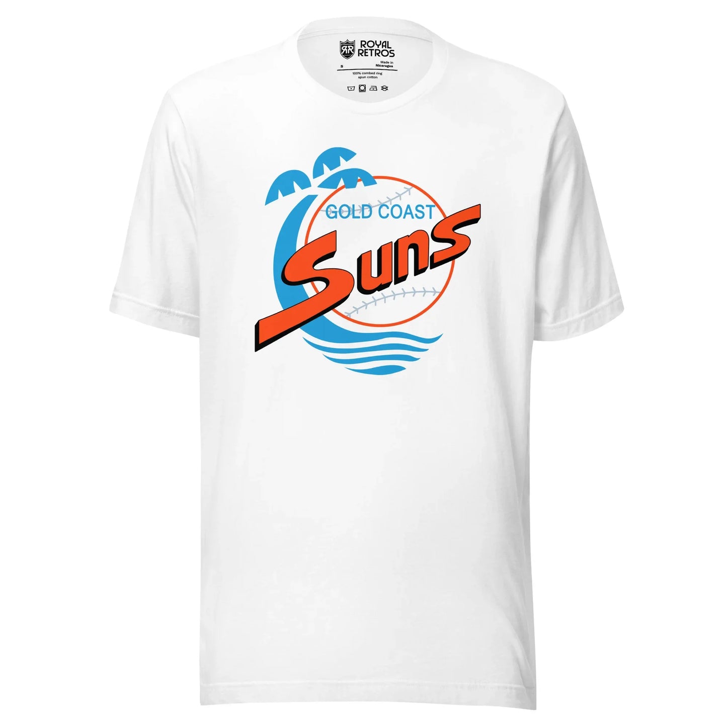 Gold Coast Suns baseball T-shirt. White. Stylized aqua palm tree curving to the right next to an orange circle with aqua baseball stitching. Gold Coast in aqua inside top of ball. Suns in orange, large across baseball. Royal Retros.