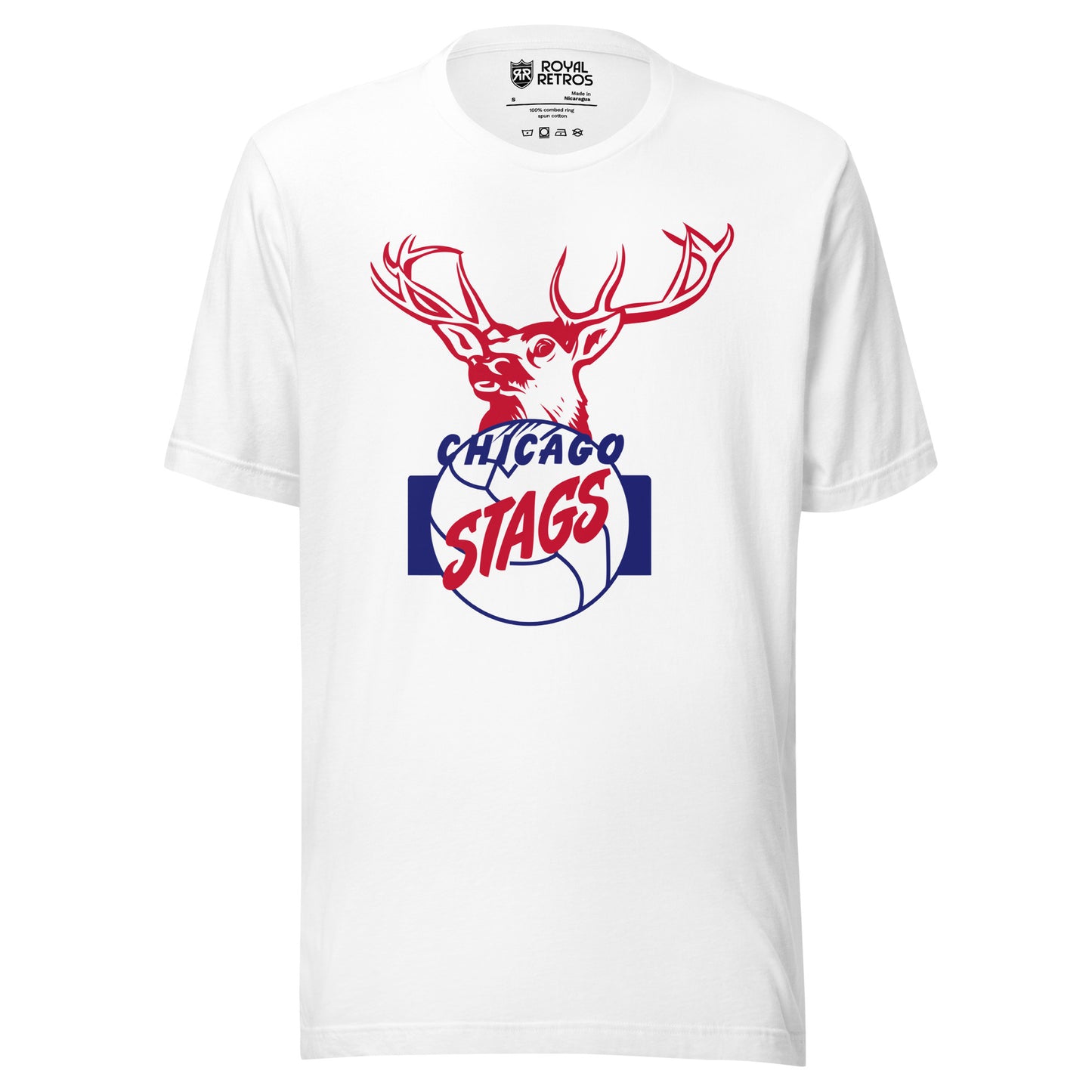 Chicago Stags basketball T-shirt. White. Red and white stag head over blue basketball. Chicago in blue across top of ball, Stags in red angles across middle. Blue vertical rectangles on either side of ball. Royal Retros