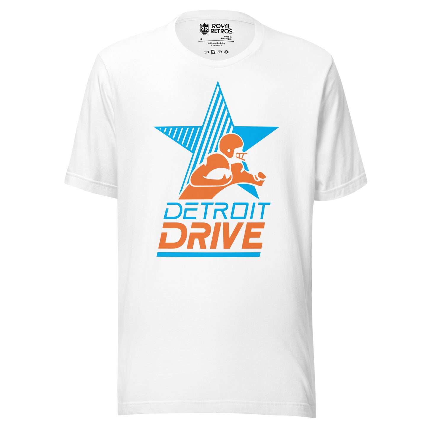 Detroit Drive Arena Football League T-shirt White. Blue star, half of which is stripes. Stylized player from waist up running to the right with football. Detroit in blue below, DRIVE in orange centered below that, underlined in blue. Royal Retros