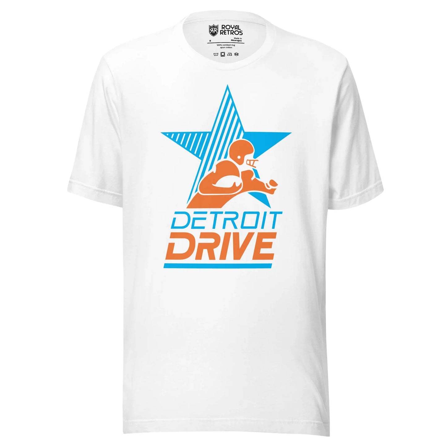 Detroit Drive Arena Football League T-shirt White. Blue star, half of which is stripes. Stylized player from waist up running to the right with football. Detroit in blue below, DRIVE in orange centered below that, underlined in blue. Royal Retros