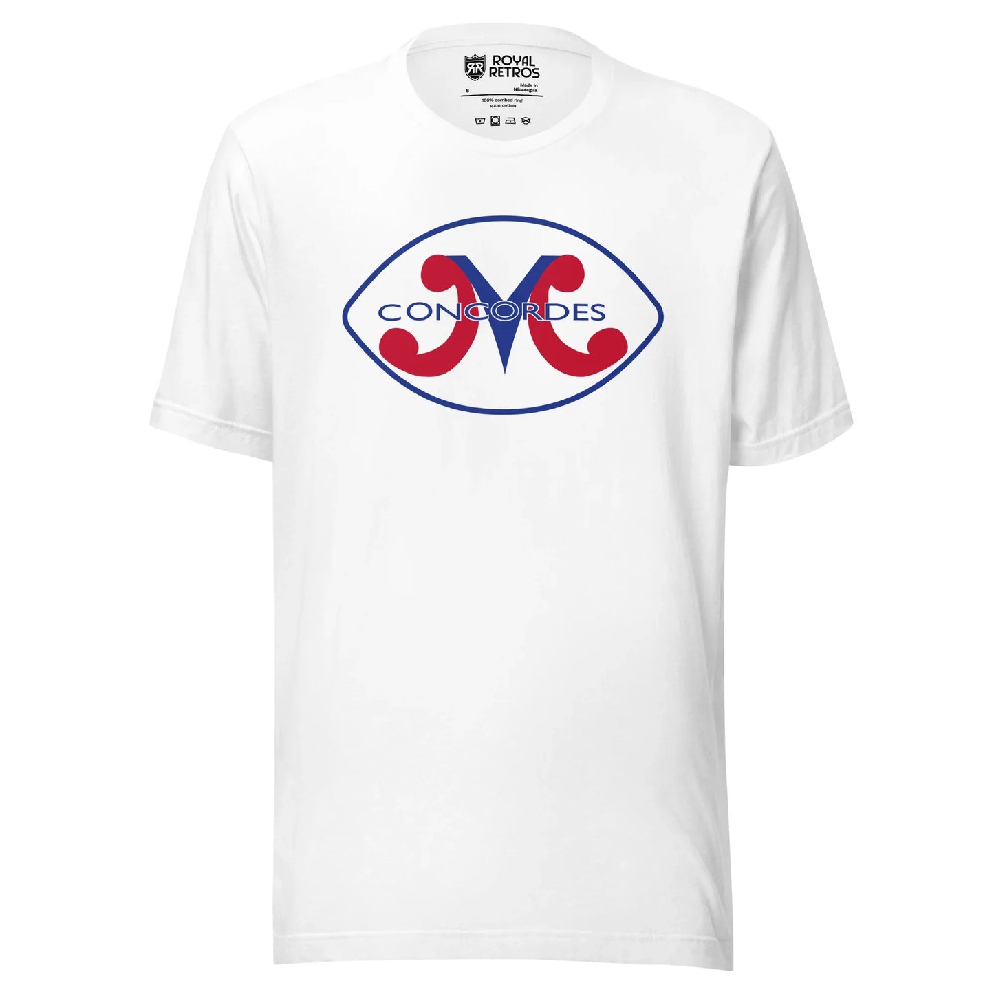 Montreal Concordes T-shirt. White. Football shaped white background with blue inner trim. M with red legs and blue center. Concordes in blue over top. Royal Retros