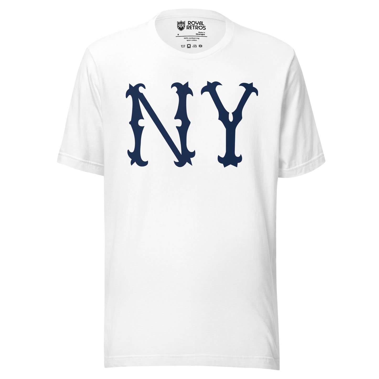 New York Highlanders NY T-shirt. White. Large blue NY in old-fashioned typeface large on chest. Royal Retros