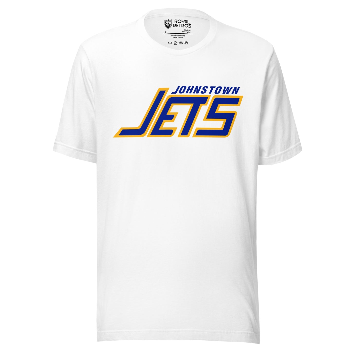 Johnstown Jets hockey T-shirt. White. Johnstown small in blue, top right, over JETS in blue with gold trim large. Royal Retros