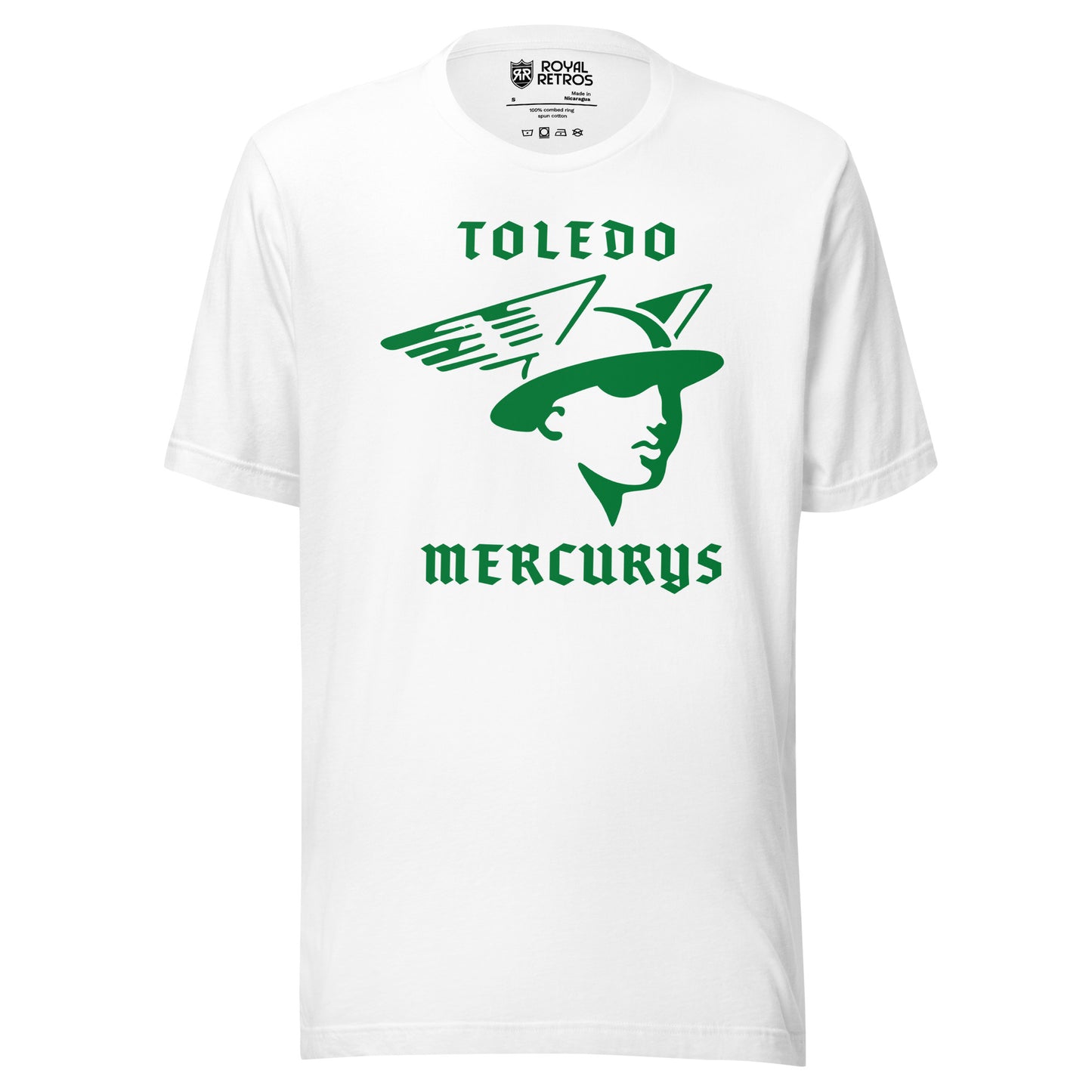 Toledo Mercurys hockeyT-shirt. Greem Toledo in gold. Above stylized bust of the God Mercury with winged helmet in green. Mercurys in gold below. Royal Retros
