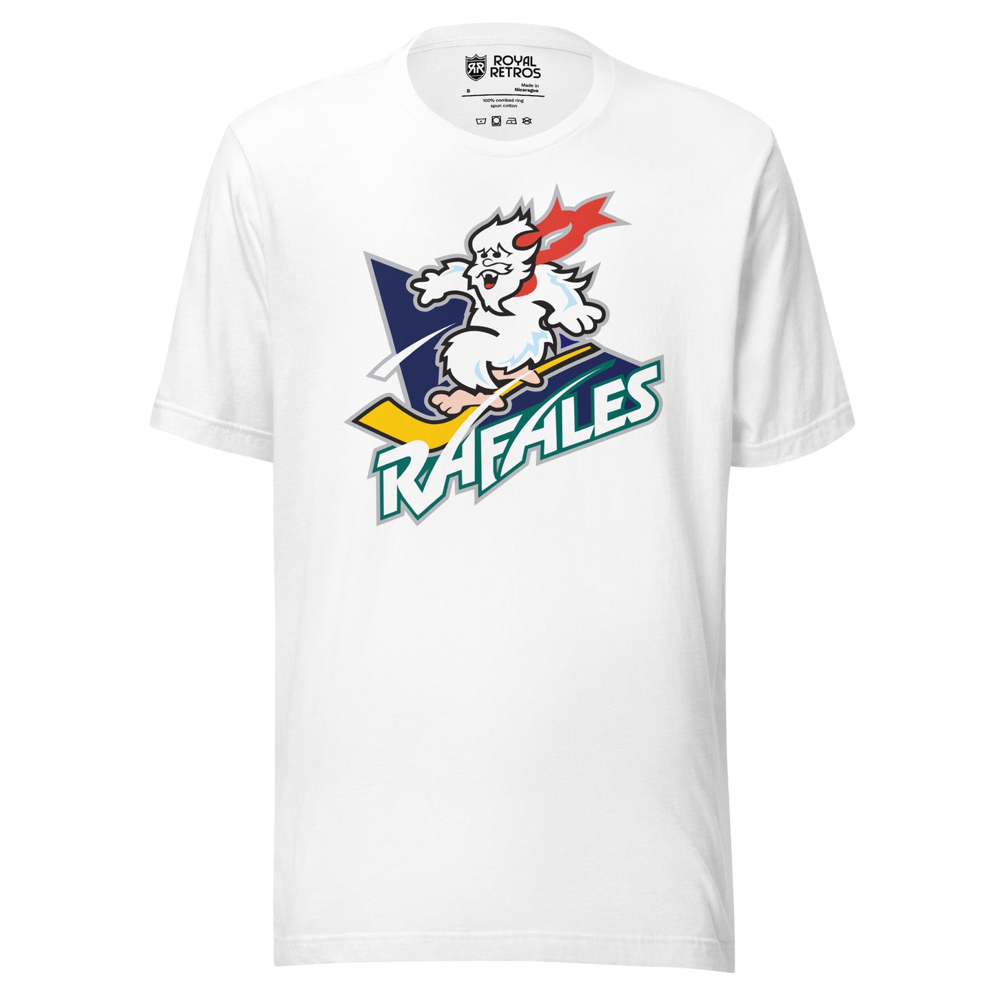 Quebec Rafales hockey T-shirt. White. White Yeti riding a yellow hockey stick over a purple triangle. RAFALES angled in white with blue trim below. Royal Retros.