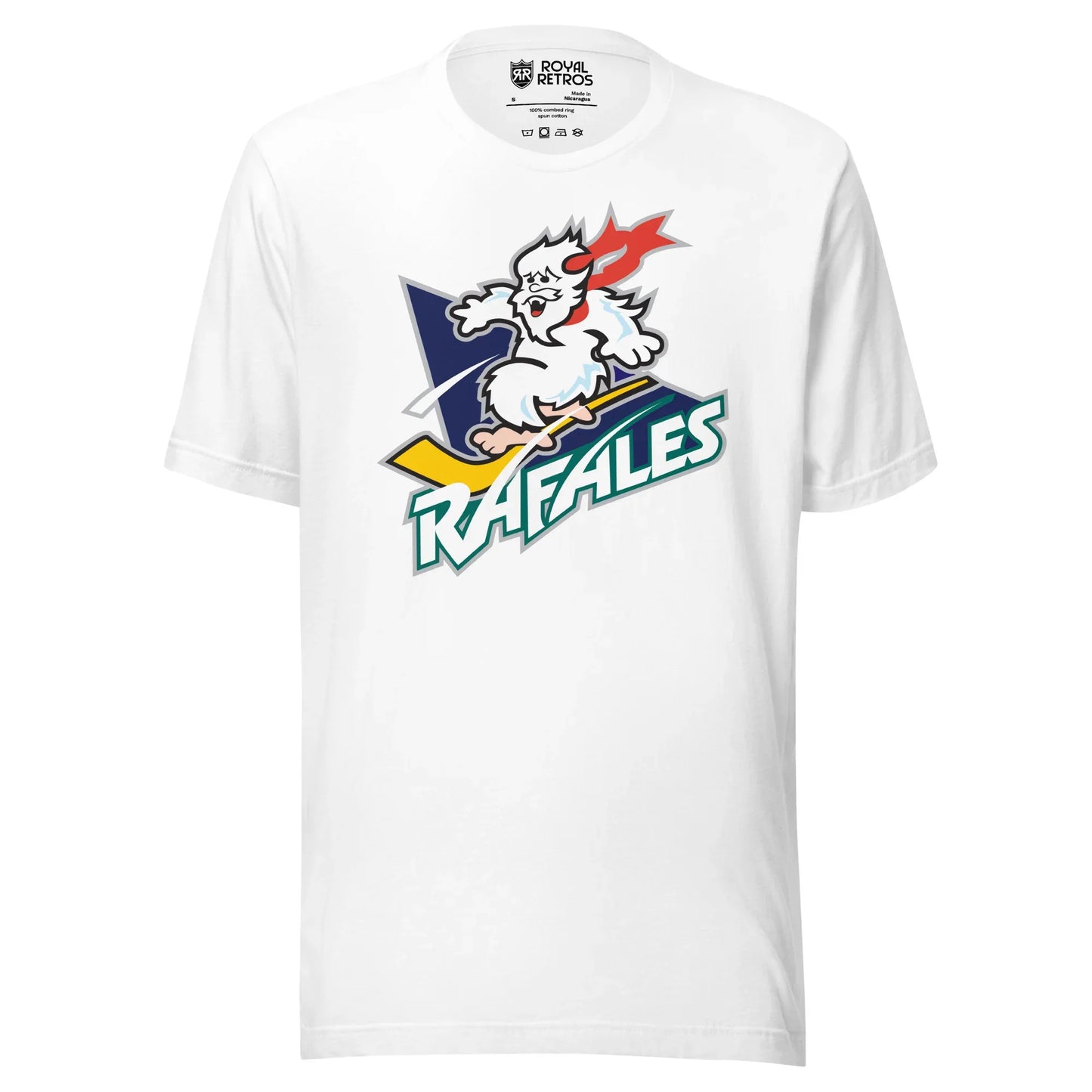 Quebec Rafales hockey T-shirt. White. White Yeti riding a yellow hockey stick over a purple triangle. RAFALES angled in white with blue trim below. Royal Retros.
