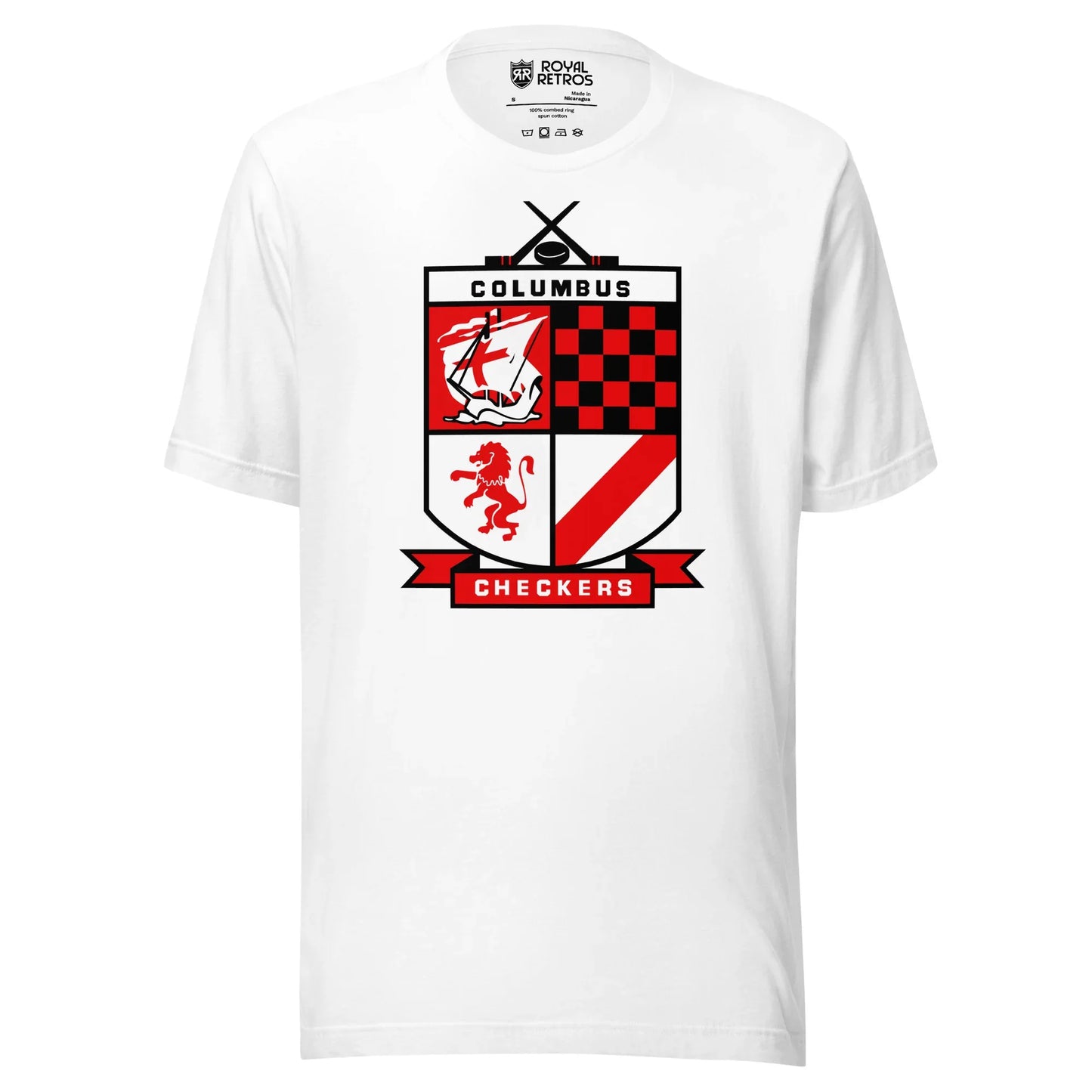 Columbus Checkers hockey T-shirt. White. Shield with fur quadrants. Two crossed black hockey sticks above with puck between blades. In shield, Columbus above, ship in top left, red and white checkerboard top right, horse in red below left, red diagonal stripe over white in bottom right. Checkers below shield in white over red ribbon banner. Royal Retros