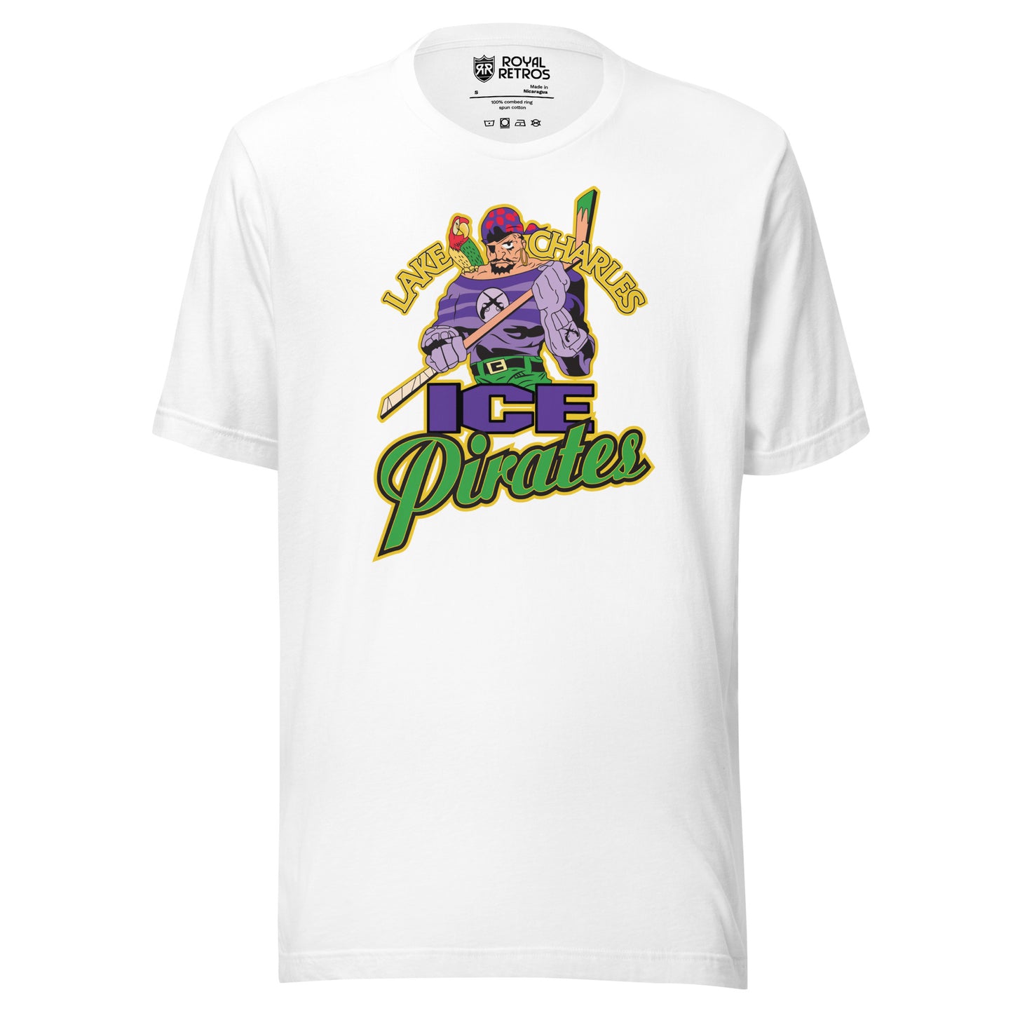 Lake Charles Ice Pirates hockey T-shirt. White. Lake in gold to left of pirate's head, Charles to the right. Pirate is holding a hockey stick. Below is ICE in purple, with Pirates in green below that. Royal Retros