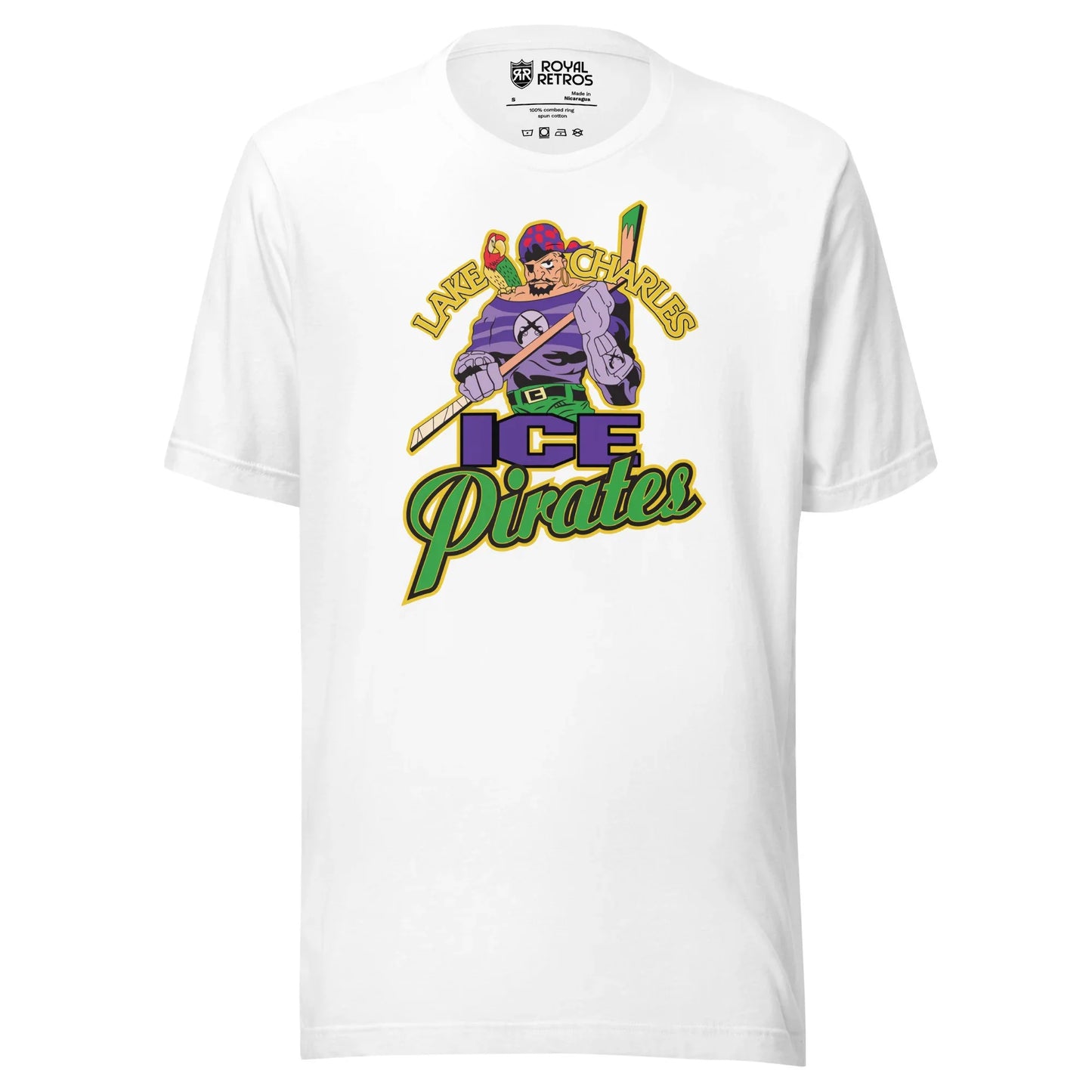 Lake Charles Ice Pirates hockey T-shirt. White. Lake in gold to left of pirate's head, Charles to the right. Pirate is holding a hockey stick. Below is ICE in purple, with Pirates in green below that. Royal Retros
