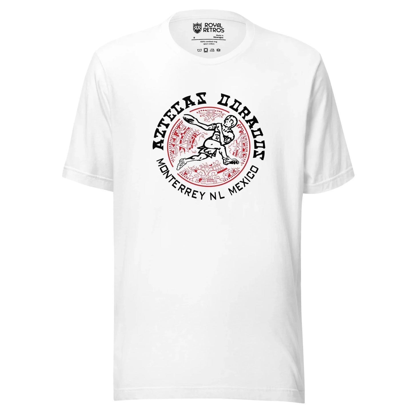Mexico Aztecas football T-shirt white. White circle with Aztecas Dorados curved above inside, Monterrey NL Mexico curved below in circle. Center his a line drawing of a football player running over Aztec shield with red detail. Royal Retros