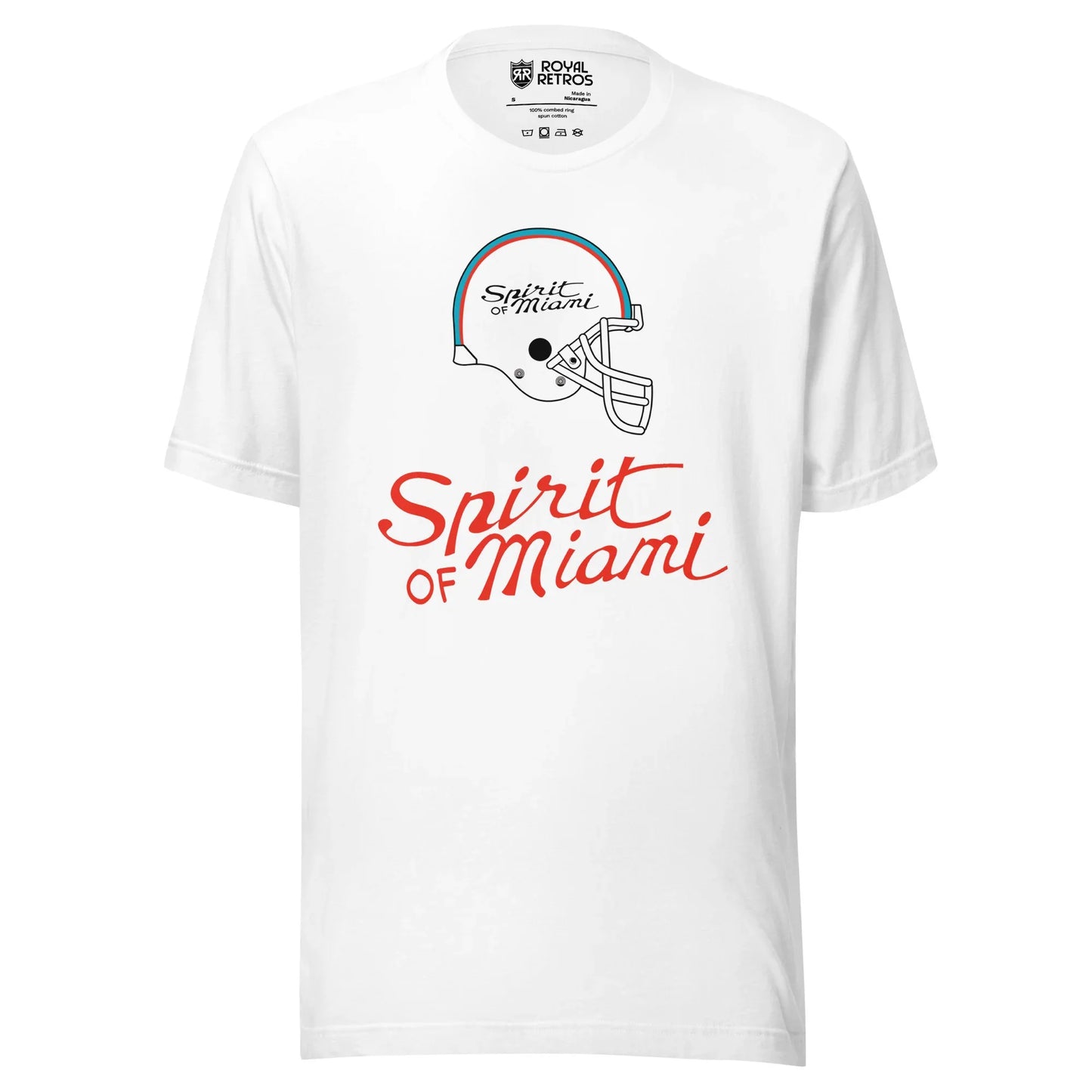 Spirit of Miami football T-shirt. White. Logo is white helmet in profile with blue and orange stripes. "Spirt of Miami" in orange script inside helmet and larger below.