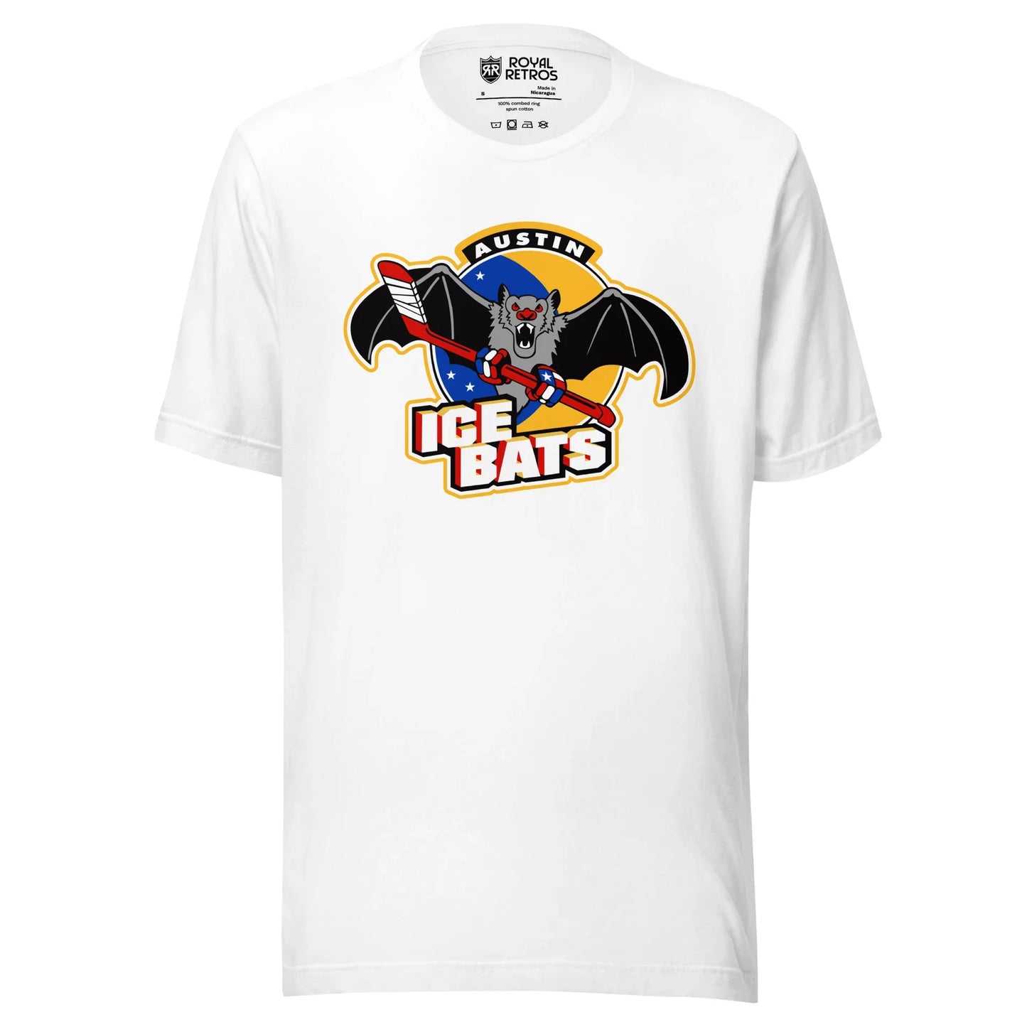 Austin Ice Bats T-shirt. White. AUSTIN small in white above bat holding a red hockey stick above large white ICE BATS with red trim. Royal Retros