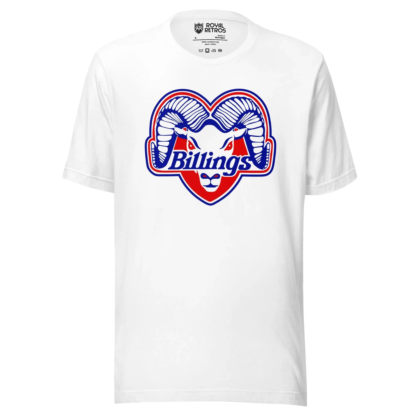 Billings Bighorns hockey T-shirt. White. White ram with blew trim facing viewer with red trim. Billings over snout. Royal Retros