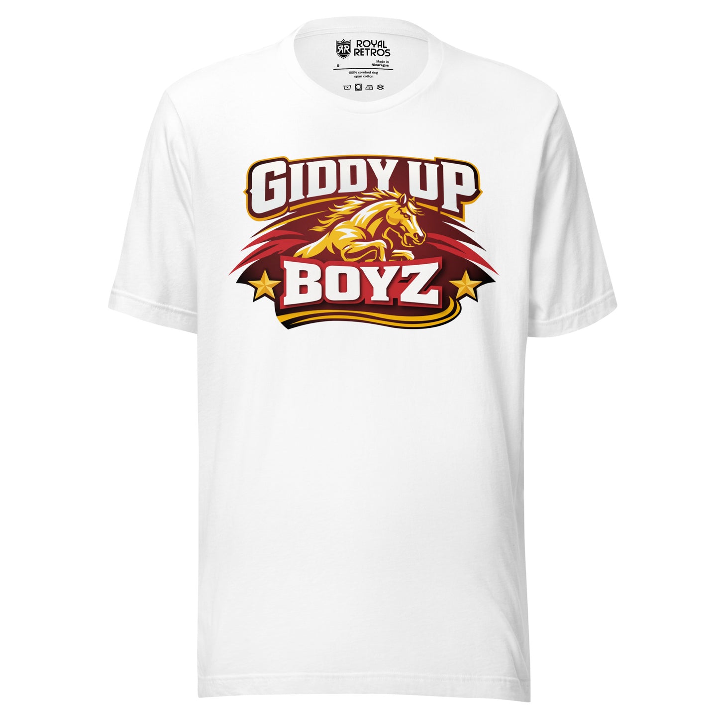 Birmingham Stallions UFL Giddy Up Boyz supporters T-shirt. White. Red oval-like shape with jagged sides on Horses head in gold bellow Giddy Up in white with red shadow. Boyz in white with red shadow blow and gold stars on either side.Royal Retros.
