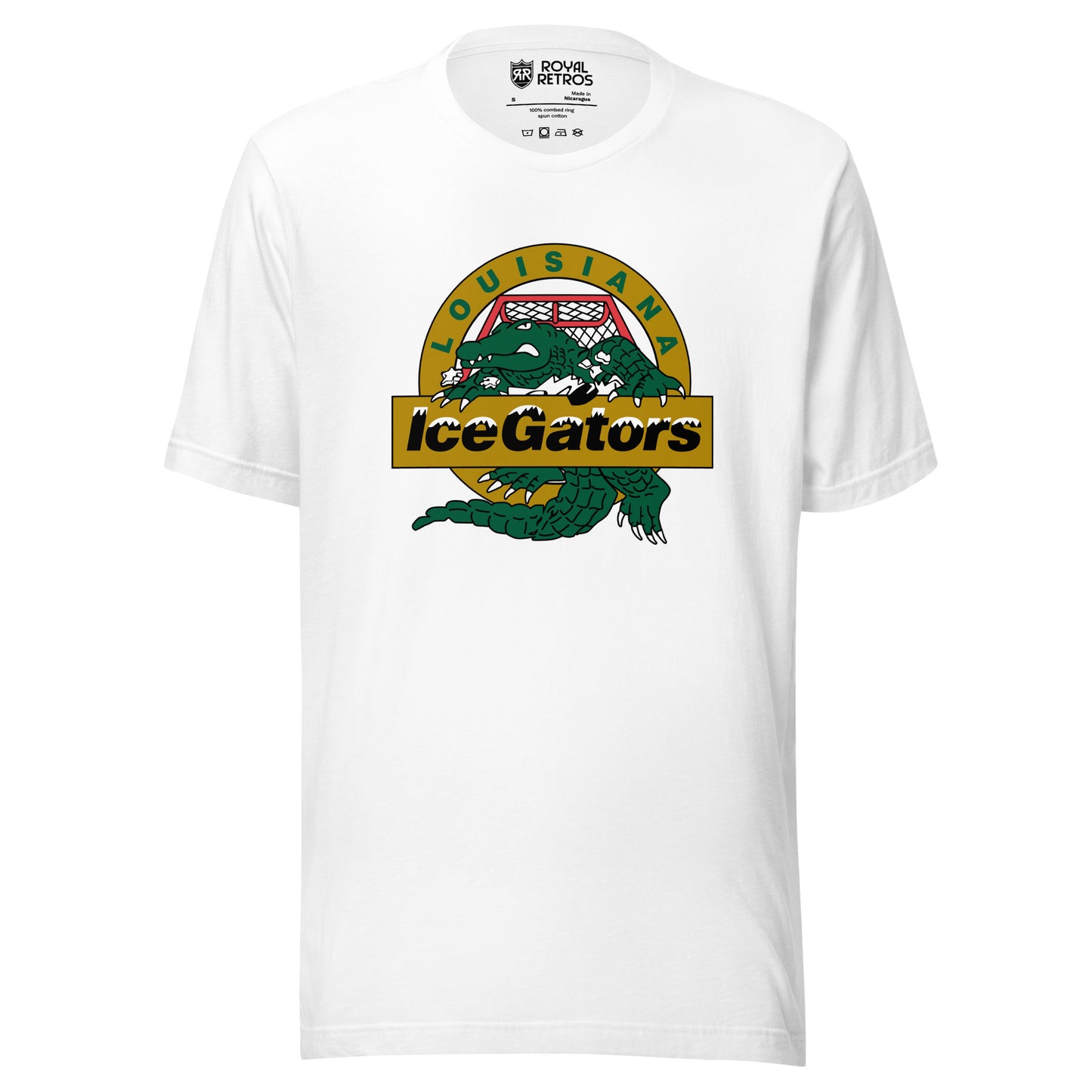 Louisiana IceGators white t-shirt. Green alligator crest on a gold circle at the center chest, LOUISIANA arced above, IceGators across a gold banner. Royal Retros