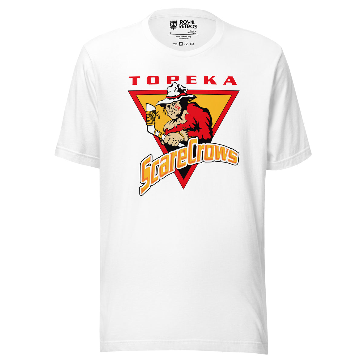 Topeka Scarecrows t-shirt in white — scarecrow with a hockey stick inside a gold triangle, TOPEKA arched above in red, ScareCrows script below. Royal Retros