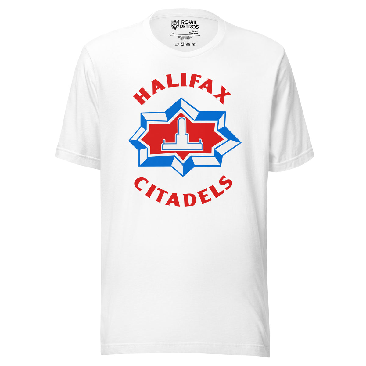 Halifax Citadels T-shirt. White. Red Halifax Citadels lettering ringed around a blue, white and red star crest with a white citadel tower. Royal Retros
