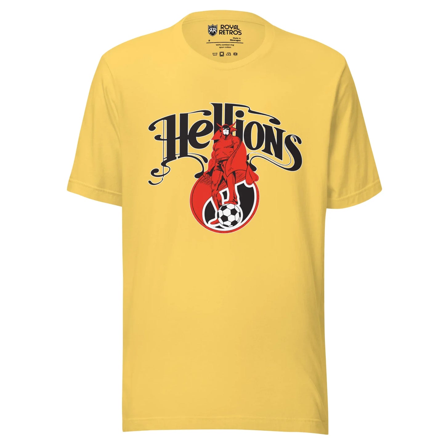 Hartford Hellions Major Indoor Soccer League MISL T-shirt. Yellow. Stylized Hellions in black above red beast over small soccer ball. Royal Retros.