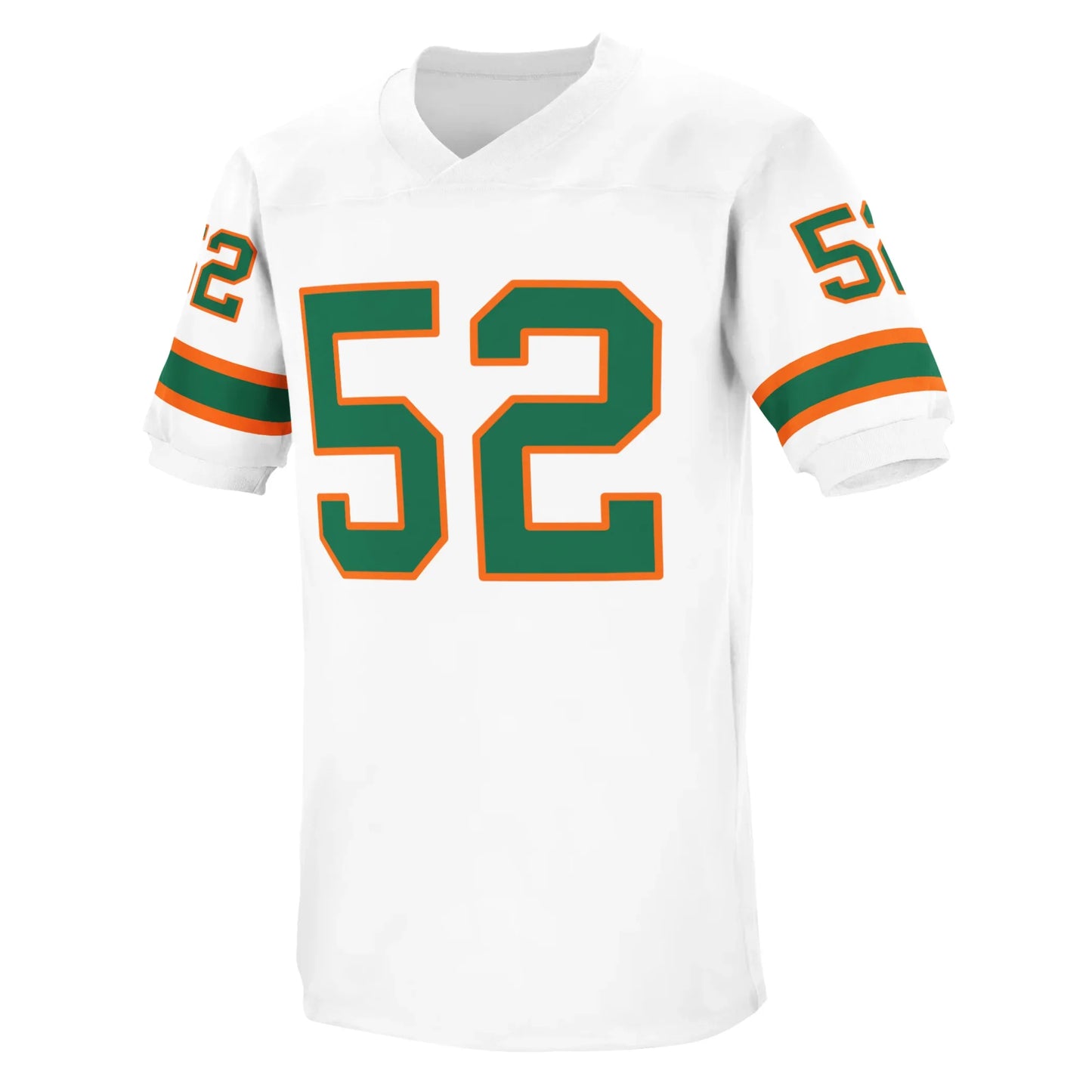 University of Miami jersey white. Orange, green, orange stripes just above sleeve ends. #52 in green with orange trim, large on chest, small on sleeves. Royal Retros