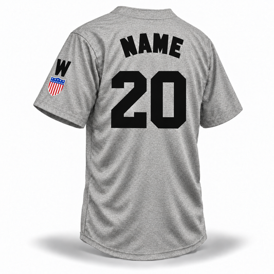 Washington Homestead Grays NLB jersey 1944 gray back mockup with solid black NAME and block number 20, W and shield sleeve patch