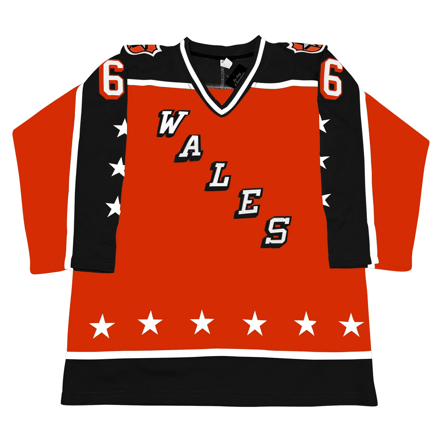 Prince of Wales Conference All-Star Hockey Jersey. Orange. Black shoulders and half black sleeves with white trim. 3 white stars on black part of sleeves. WALES diagonal left down to right, white letters with black trim. Thin white and wide black band at waist. Black, white, and black collar. 6 white stars above bands on waist. #66 in white with white trim on sleeves. Royal Retros.