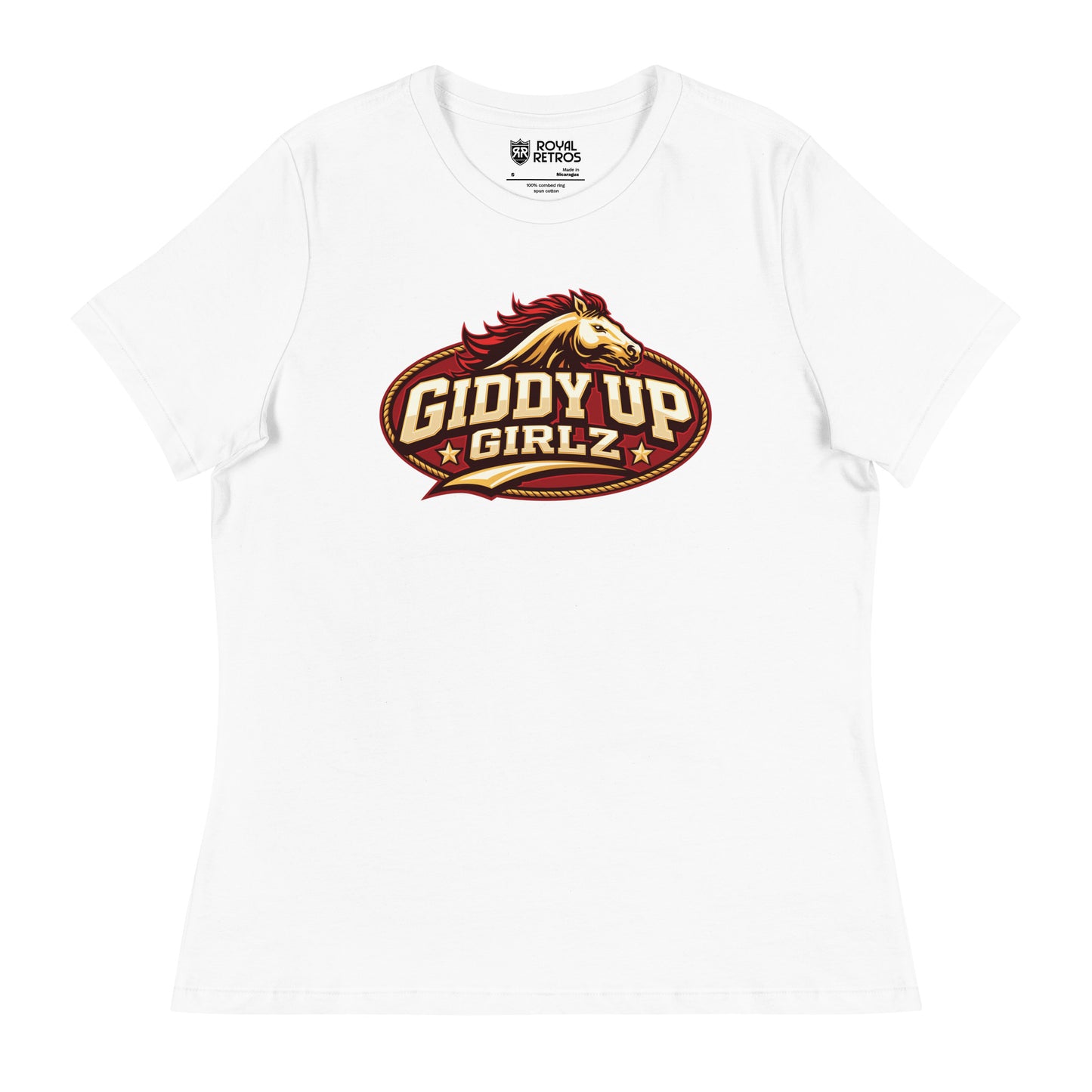 Birmingham Stallions UFL Giddy Up Girlz supporters T-shirt. White. Red oval with gold trim, Horses head in gold with red mane over Giddy Up in Gold with black shadow over Girlz in gold with black shadow and text tail, gold with black shadow. Royal Retros.