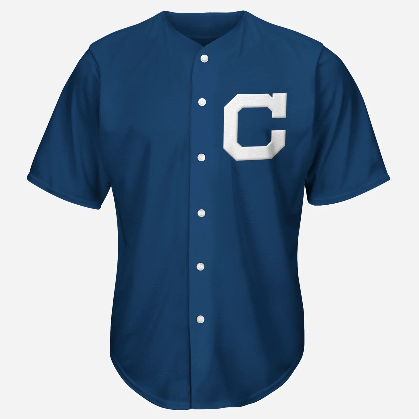 Cleveland Bronchos blue button-up baseball jersey. Large white C on left chest. Royal Retros