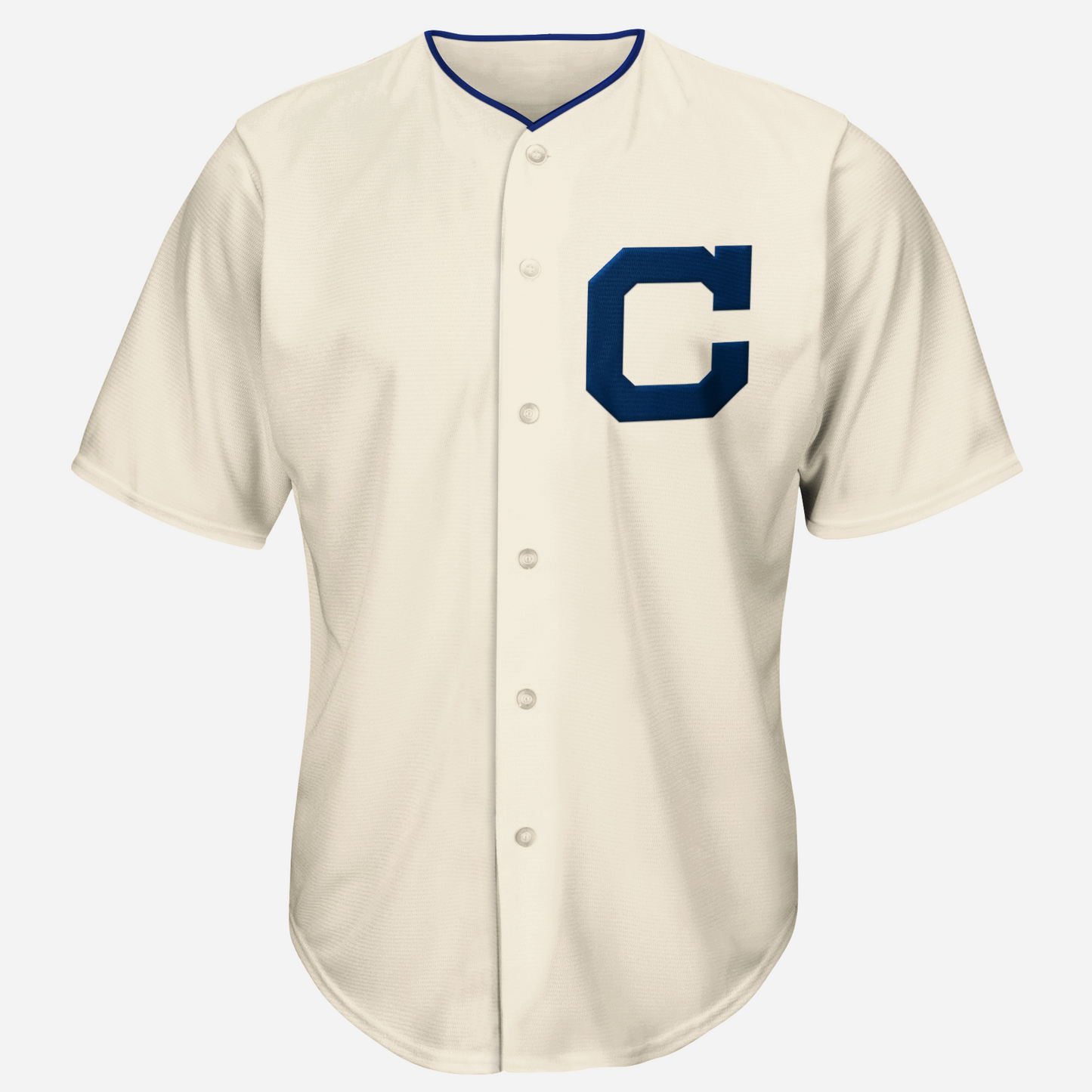 1902 Cleveland Bronchos white button-up baseball jersey. Blue collar. Large blue C on left chest. Royal Retros.