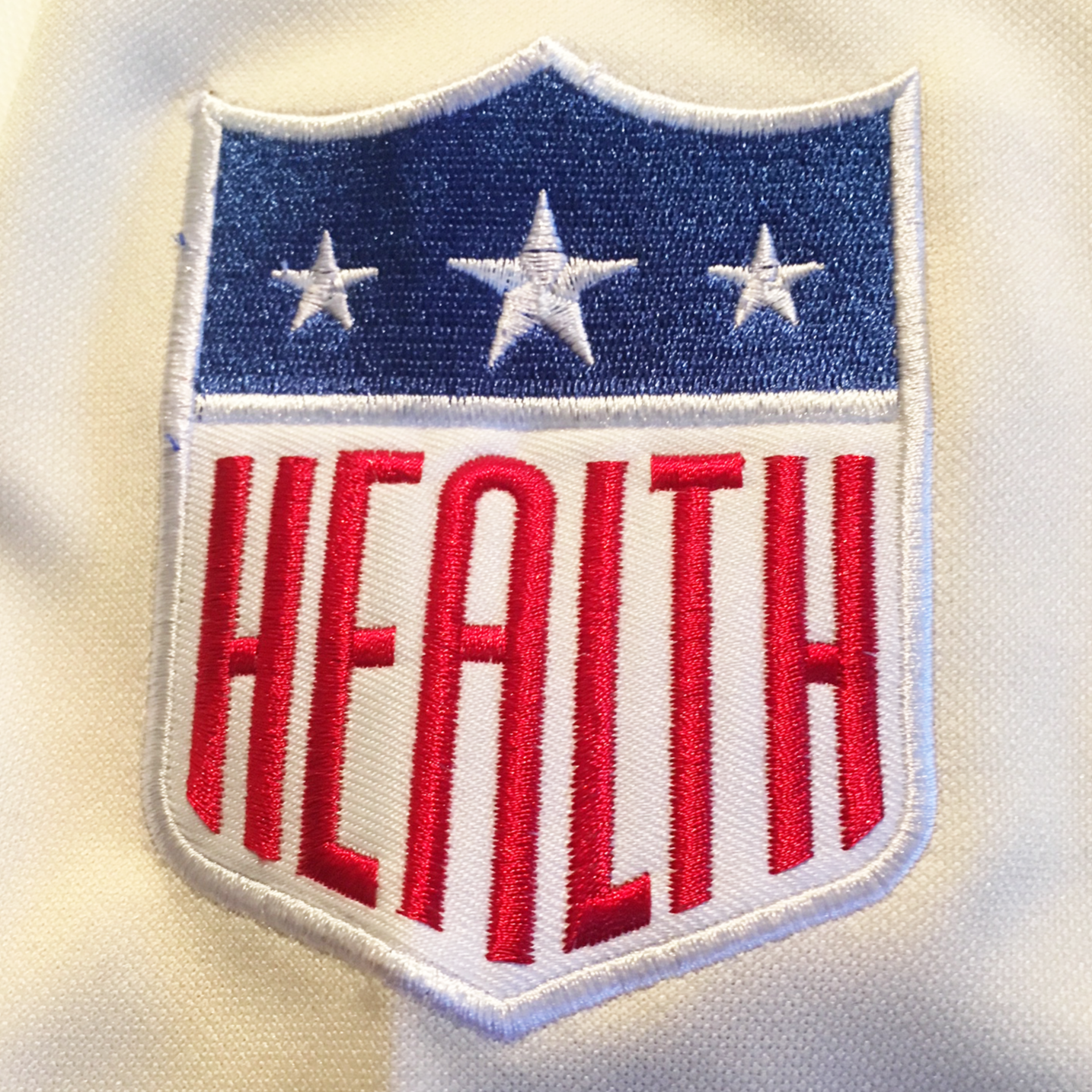 1942 LA Angels Throwback Jersey white. Close up of HEALTH patch. Royal Retros