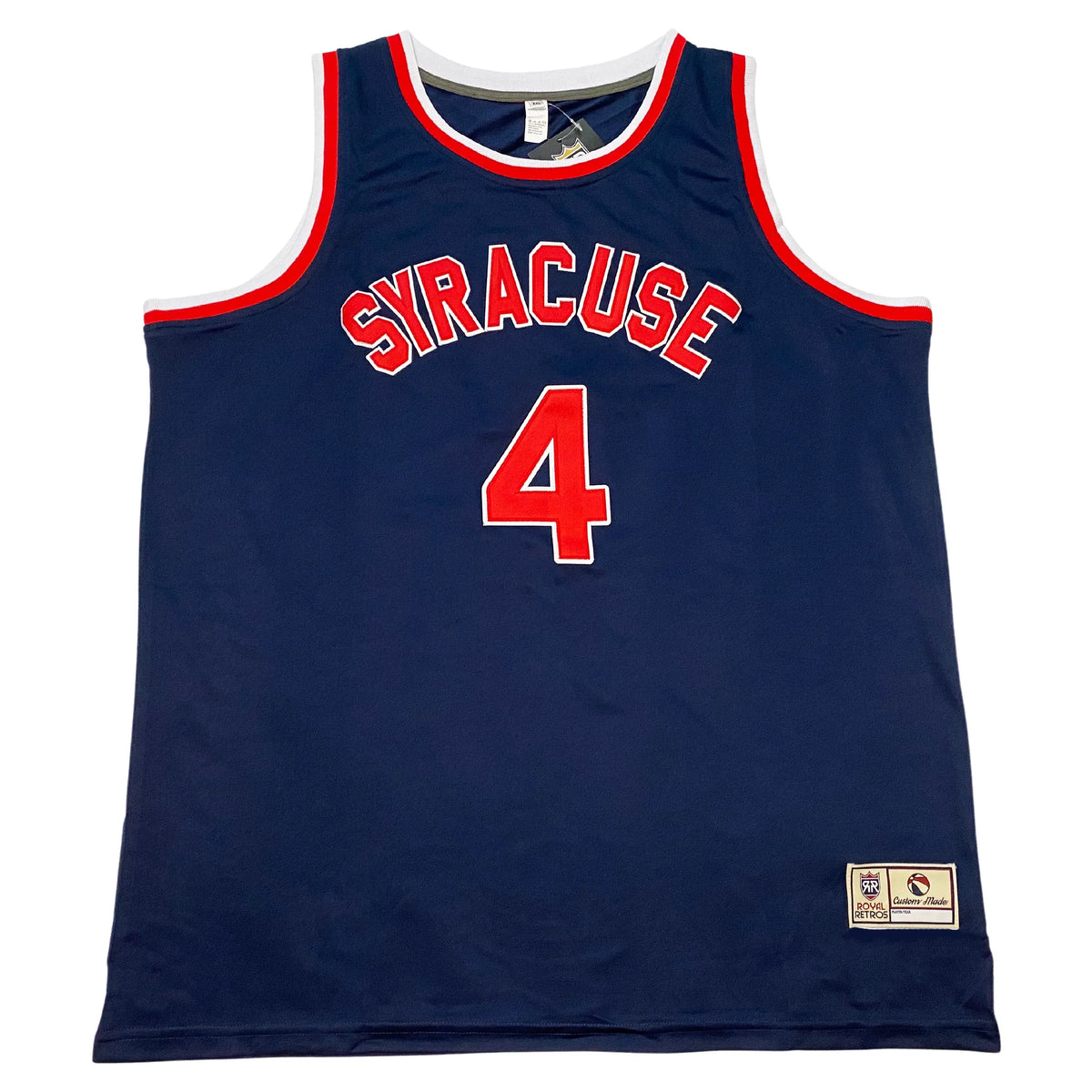 Syracuse Nationals road jersey blue with red trim on sleeves. Syracuse across chest in red with white trim. #4 in red with white trim below. Royal Retros