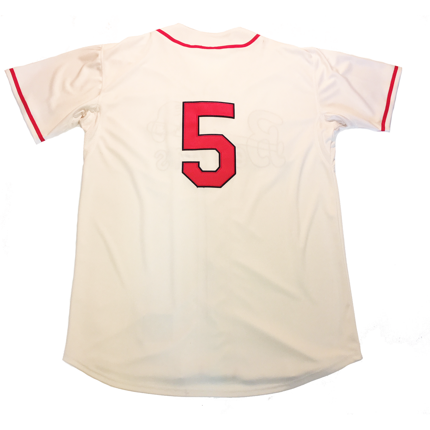 1956 Beavers Jersey white. Back. Red trim around neck and sleeve ends. Number 5 center back. Royal Retros