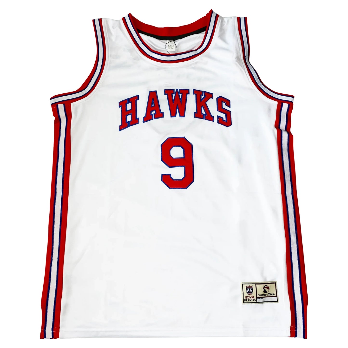 1960 St. Louis Hawks basketball jersey white. HAWKS in red with blue trim in block letters arched across chest. #9 in red with blue trim below. Red, white, and blue trim up sides, around shoulders and neck. Royal Retros.