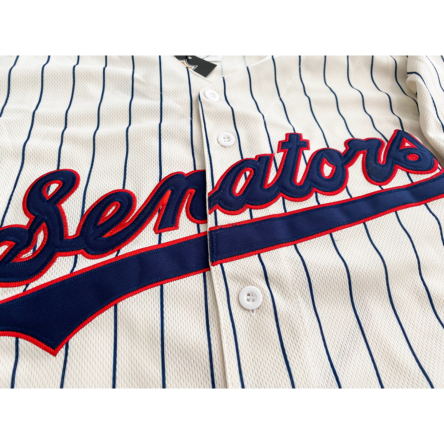 1960 Senators Script Jersey white with blue pinstripes with blue Senators script Royal Retros