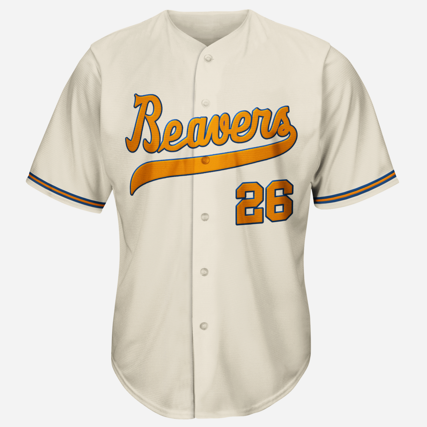 1967 1956 Portland Beavers button-up Jersey white. Blue and gold trim on sleeves, around neck and down front. Beavers name in gold script across chest. #26 below right in gold. Royal Retros