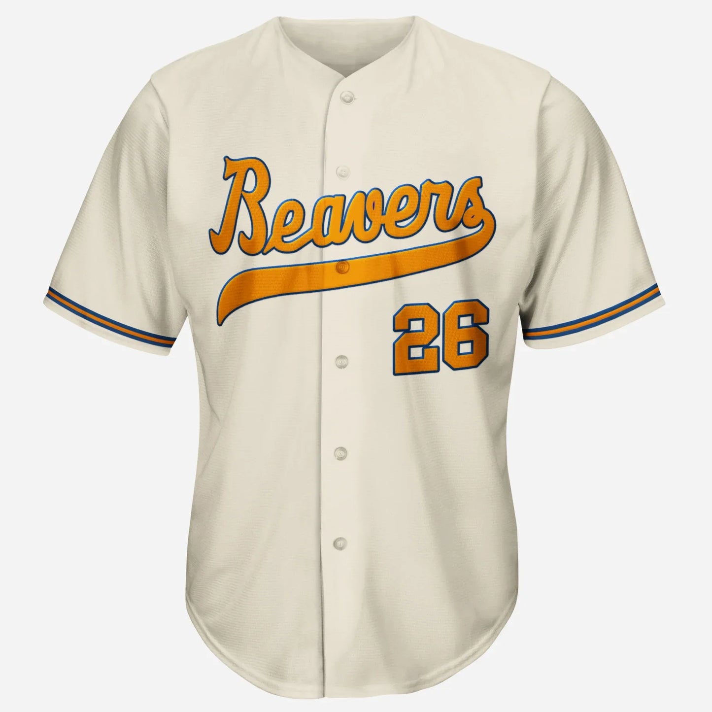 1967 1956 Portland Beavers button-up Jersey white. Blue and gold trim on sleeves, around neck and down front. Beavers name in gold script across chest. #26 below right in gold. Royal Retros