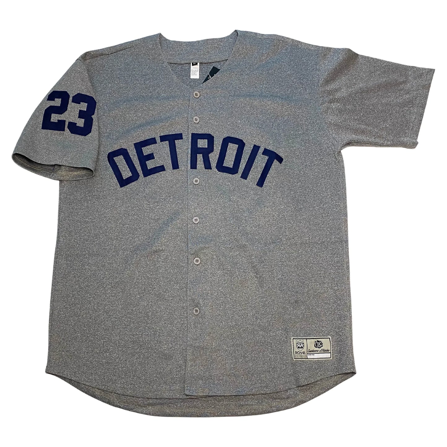 Detroit Baseball Jersey road gray with blue Detroit across chest. #23 on right shoulder. Royal Retros