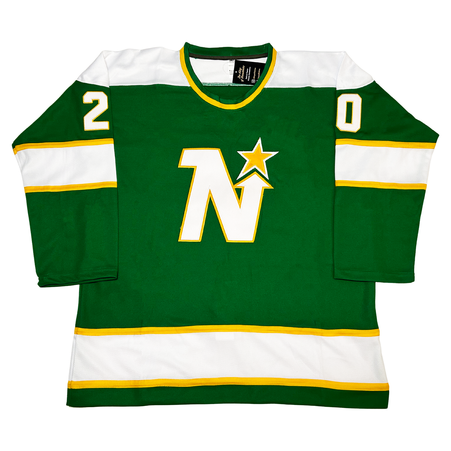 1970's Minnesota North Stars Jersey green with green and yellow trim on the neck. Yellow and white trim on sleeves, and waist. White N trimmed in gold with gold star trimmed in green above. Royal Retros
