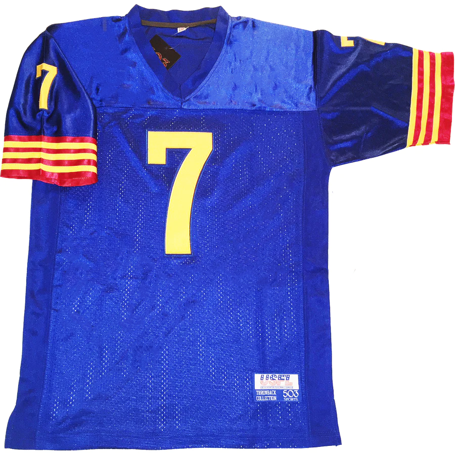 1983 Arizona Wranglers USFL Jersey blue. 6 alternating red and gold bands at sleeve ends. Gold #7 large on chest, small on sleeves. Royal Retros