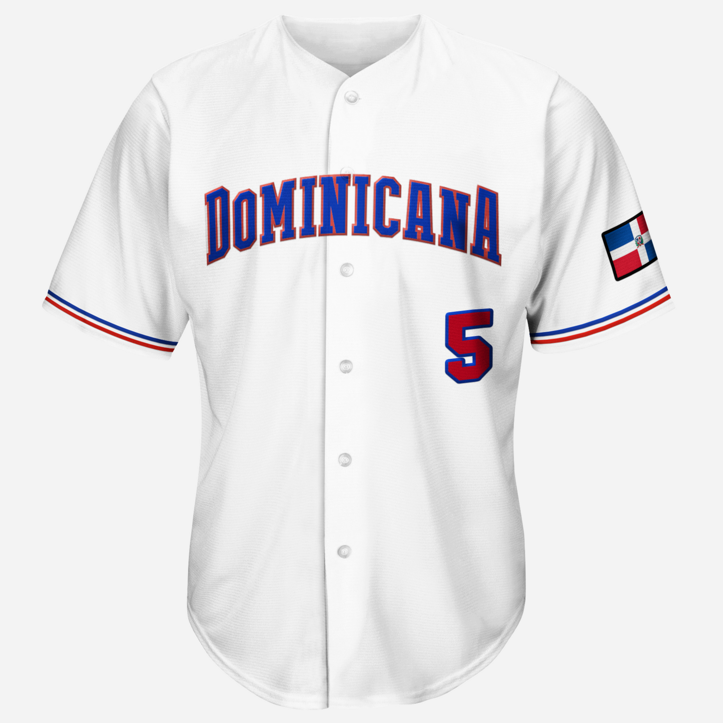 Dominican Republic baseball jersey white with red and blue trim on sleeve ends. Dominicana across chest in blue with red trim, #5 below right in red with boue trim. Royal Retros