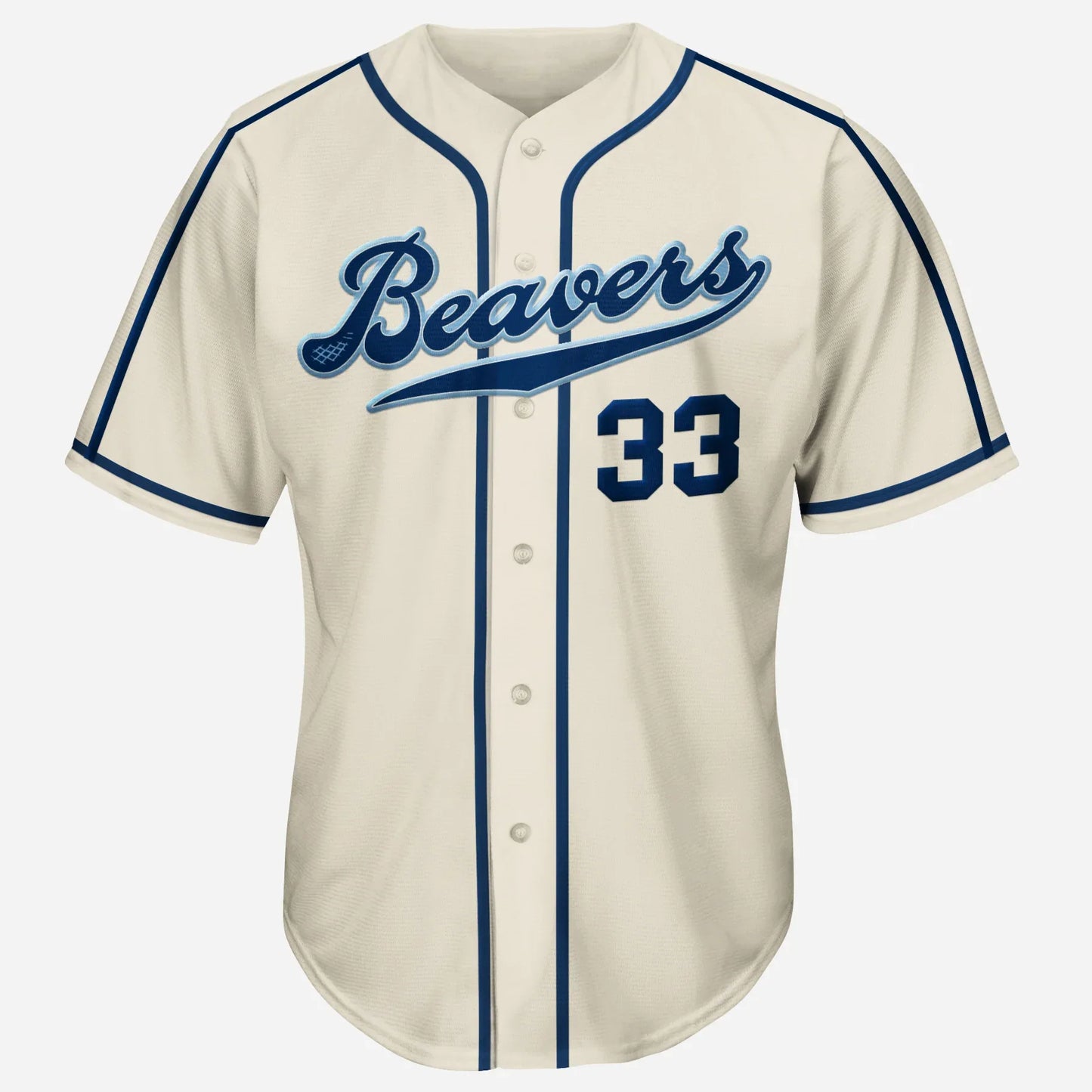 2009Portland Beavers button-up Jersey white. Blue trim down shoulders, around sleeve ends, and down front. Beavers in blue script across chest. #33 lower right in blue. Royal Retros