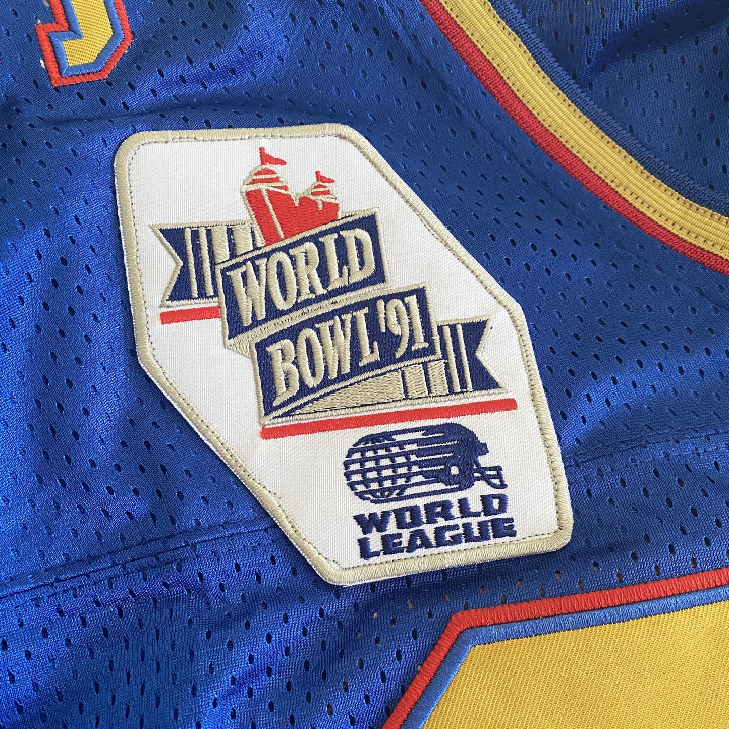 London Monarchs WLAF Jersey white World Bowl '91 patch on blue jersey Royal Retros