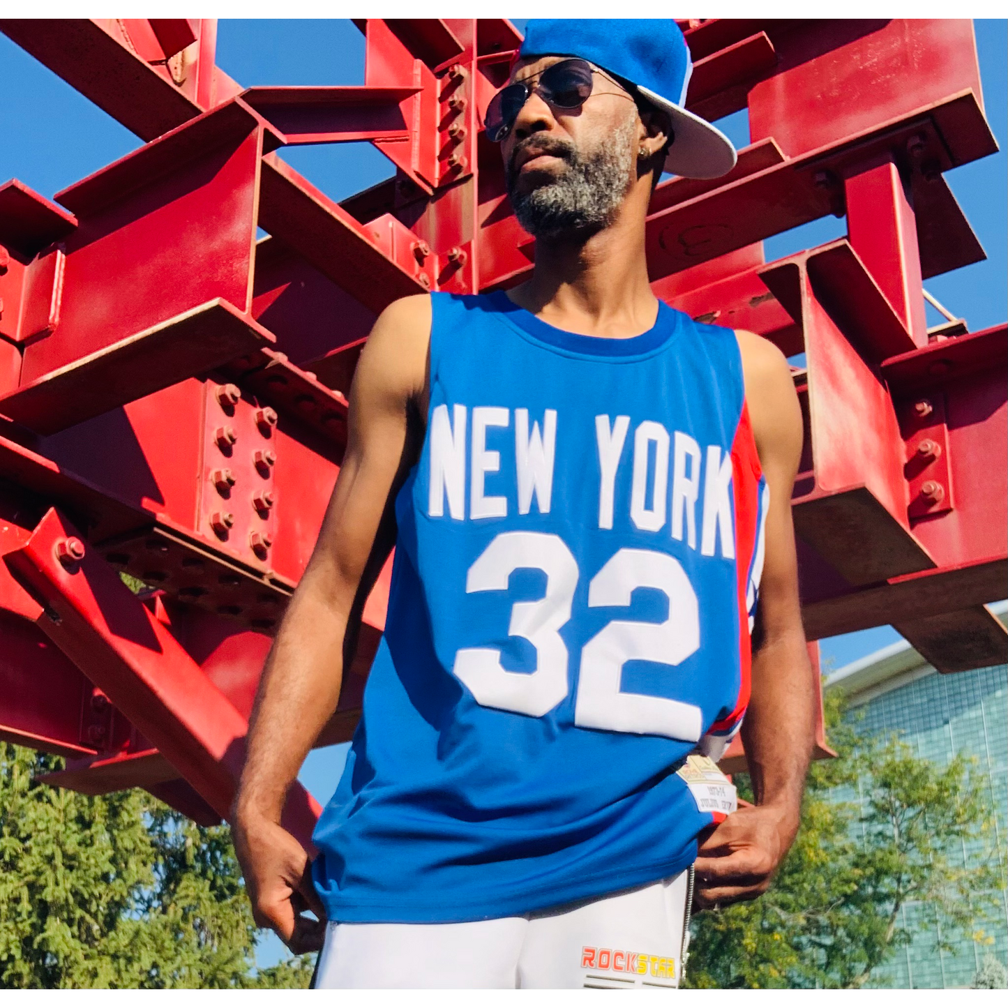 Blue and white New Jersey Americans jersey celebrating the National Guard play-in game